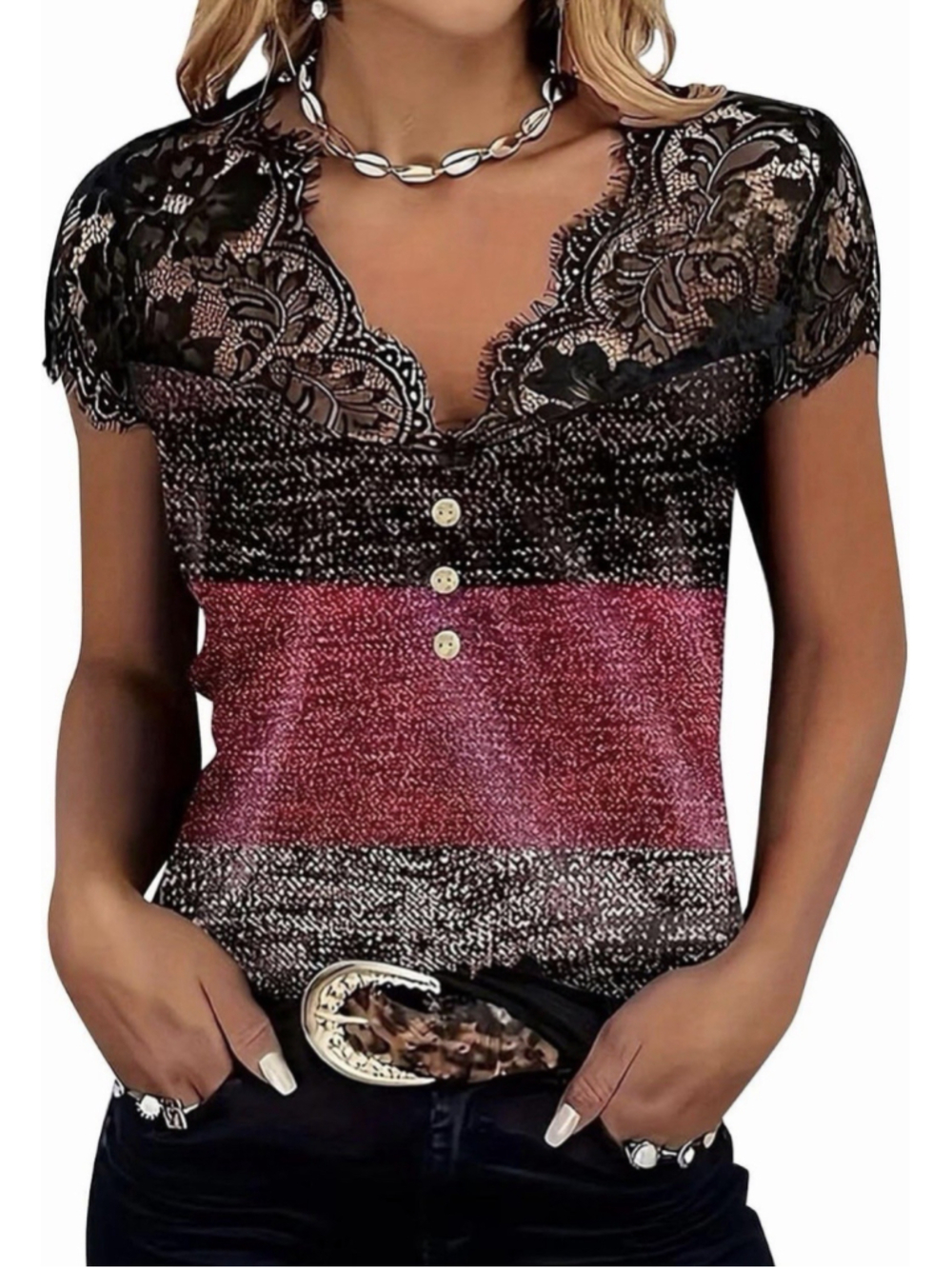 Flamingals Womens V Neck Short Sleeve Lace Top L